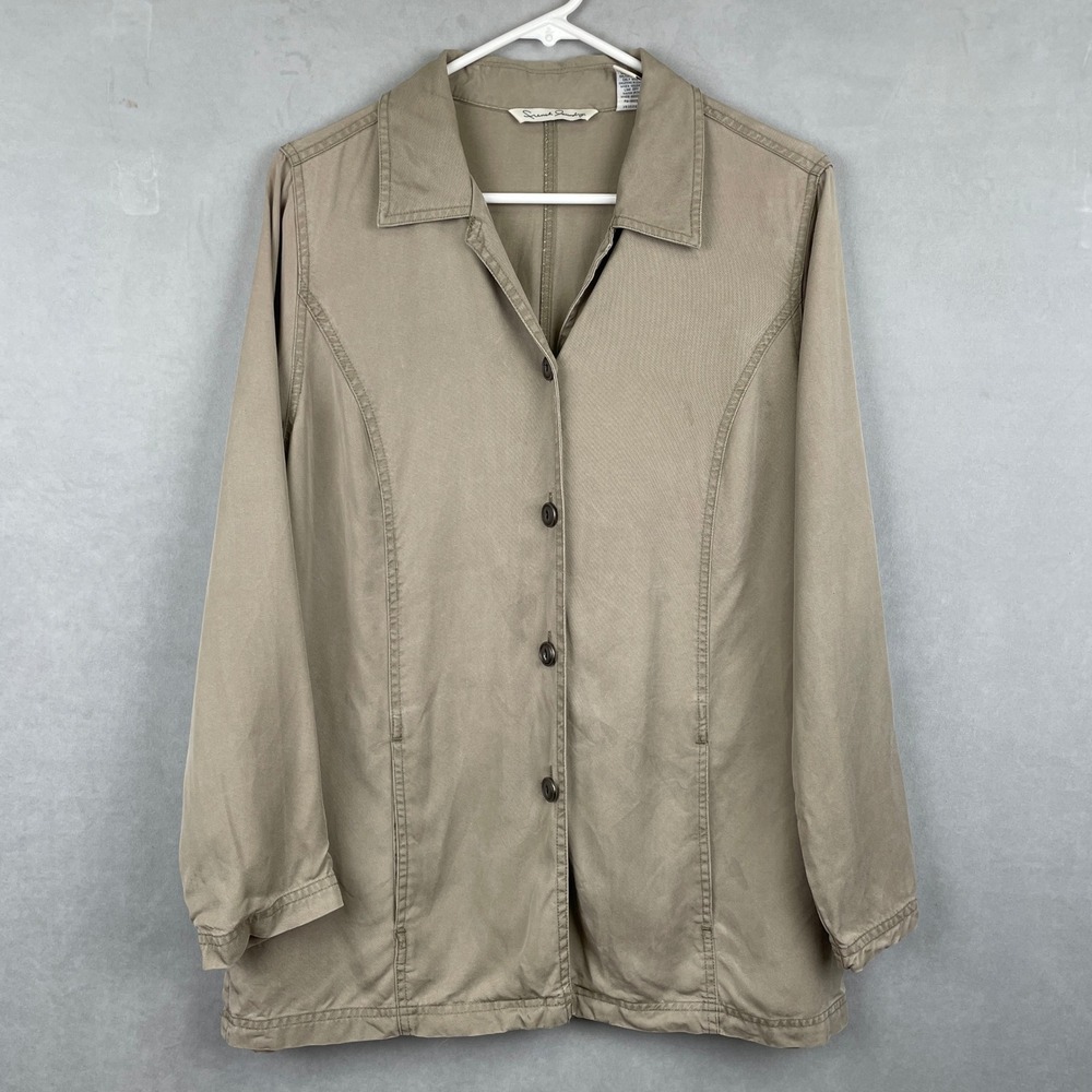French Laundry Khaki Tencel Lyocell Utility Safari Jacket Womens M Button Up Tan
